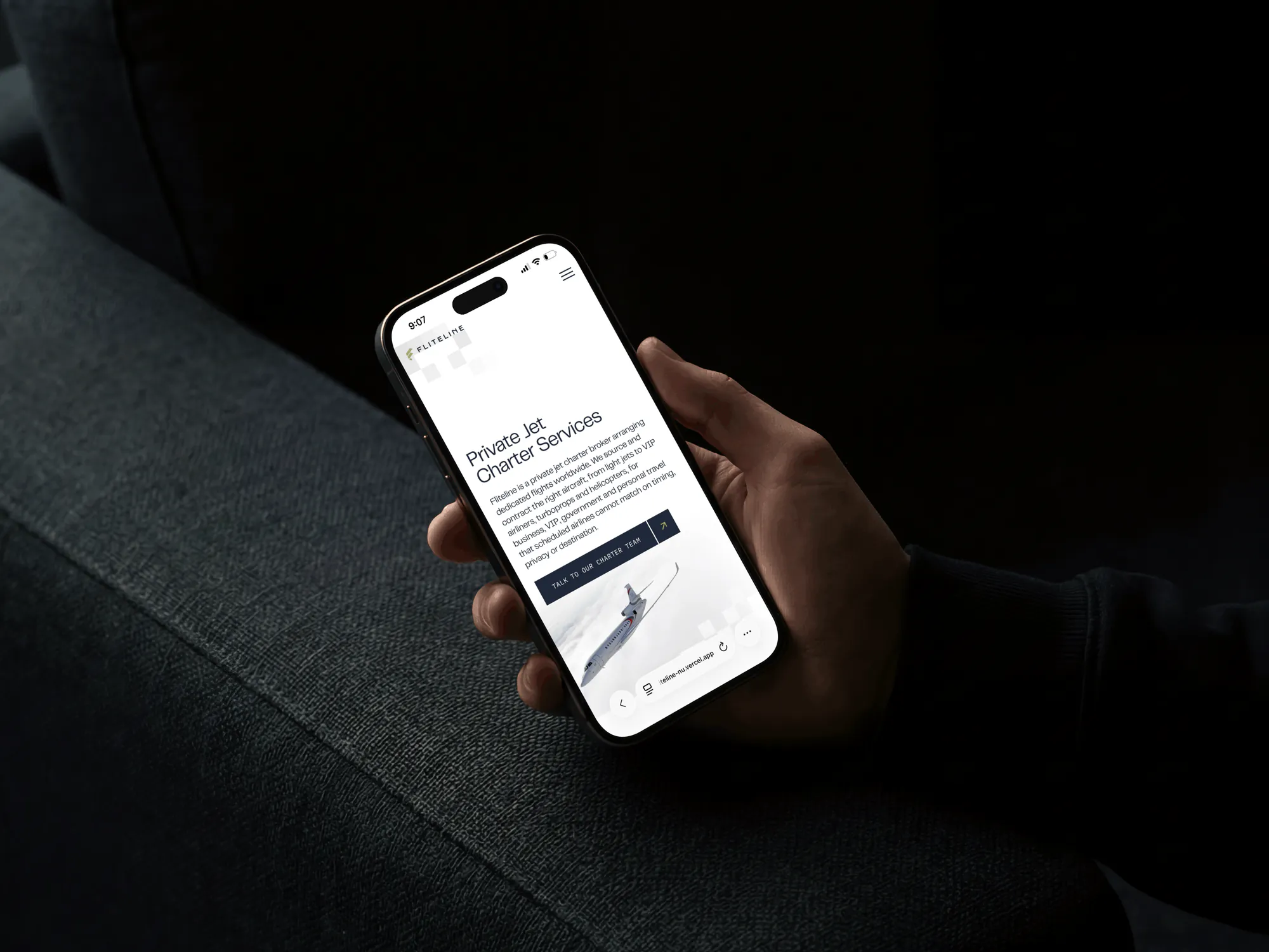 The refreshed Fliteline identity on a phone, as it appears in everyday use.